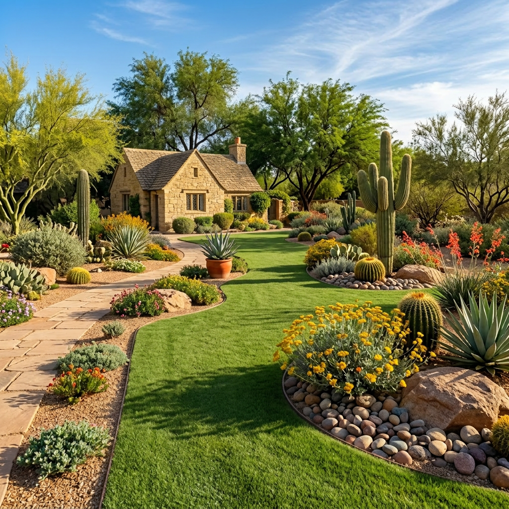 Striped green lawn with stone cottage and colorful garden under blue sky