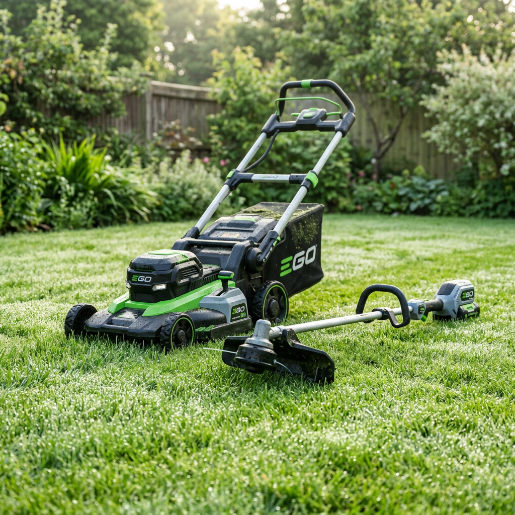 EGO electric lawn mower and string trimmer on green grass in backyard