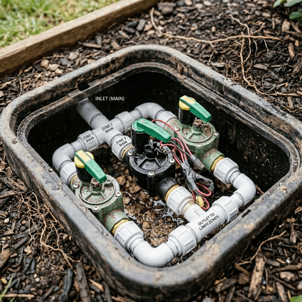 Open irrigation valve box with three green-handled valves and black connecting pipes