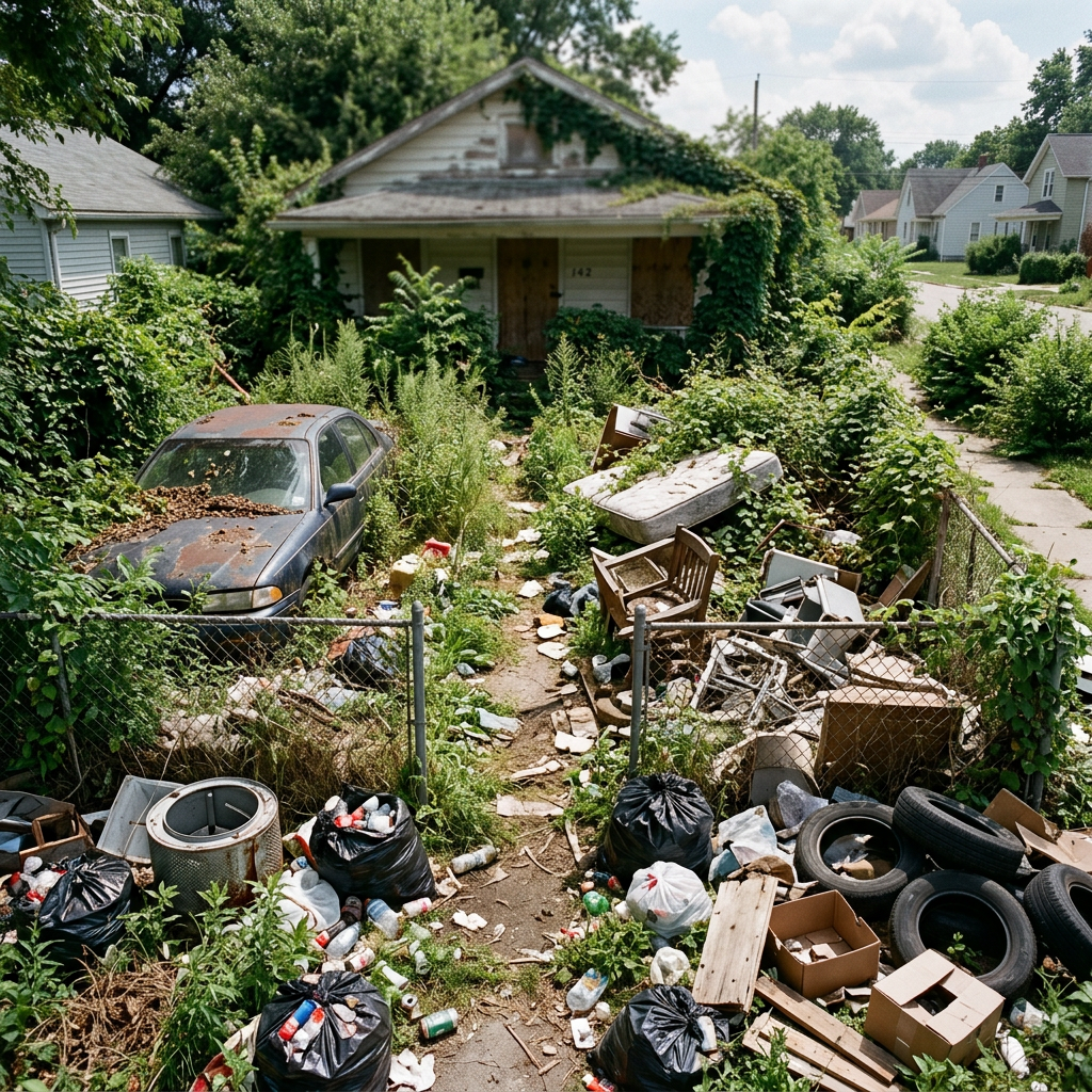 Abandoned house with boarded windows overgrown by plants and surrounded by trash and discarded items